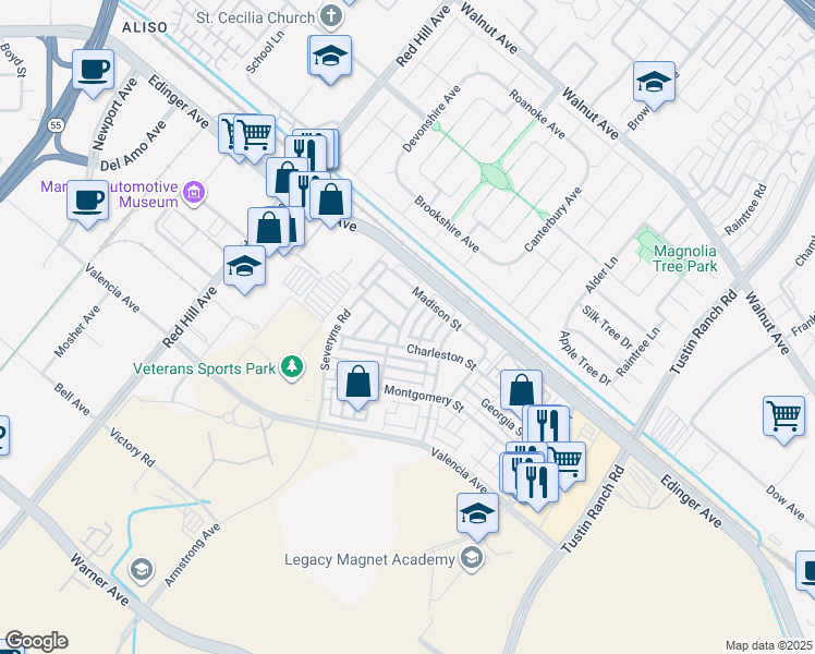 map of restaurants, bars, coffee shops, grocery stores, and more near 15214 Washington Street in Tustin