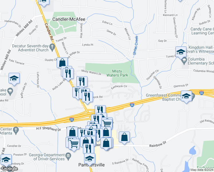 map of restaurants, bars, coffee shops, grocery stores, and more near 243 Kaybrook Road in Decatur