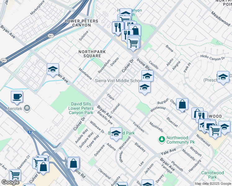 map of restaurants, bars, coffee shops, grocery stores, and more near 17 Filare in Irvine