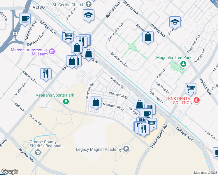 map of restaurants, bars, coffee shops, grocery stores, and more near 15214 Washington Street in Tustin