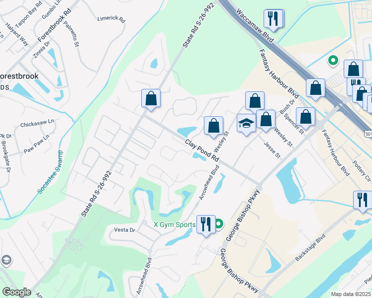 map of restaurants, bars, coffee shops, grocery stores, and more near 3683 Clay Pond Road in Myrtle Beach