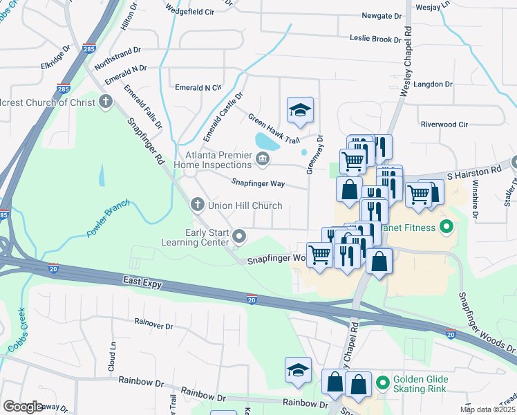 map of restaurants, bars, coffee shops, grocery stores, and more near 2379 Tiffany Circle in Decatur