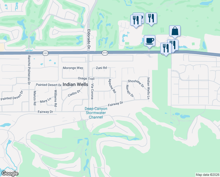 map of restaurants, bars, coffee shops, grocery stores, and more near 45595 Apache Road in Indian Wells