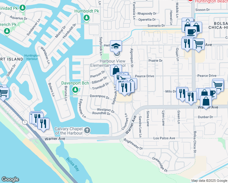 map of restaurants, bars, coffee shops, grocery stores, and more near 16871 Saybrook Lane in Huntington Beach