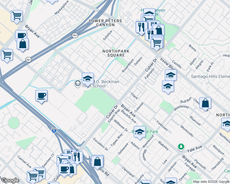 map of restaurants, bars, coffee shops, grocery stores, and more near 6 Bolinas in Irvine