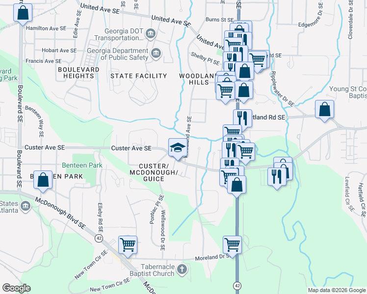 map of restaurants, bars, coffee shops, grocery stores, and more near 1375 Woodland Avenue Southeast in Atlanta