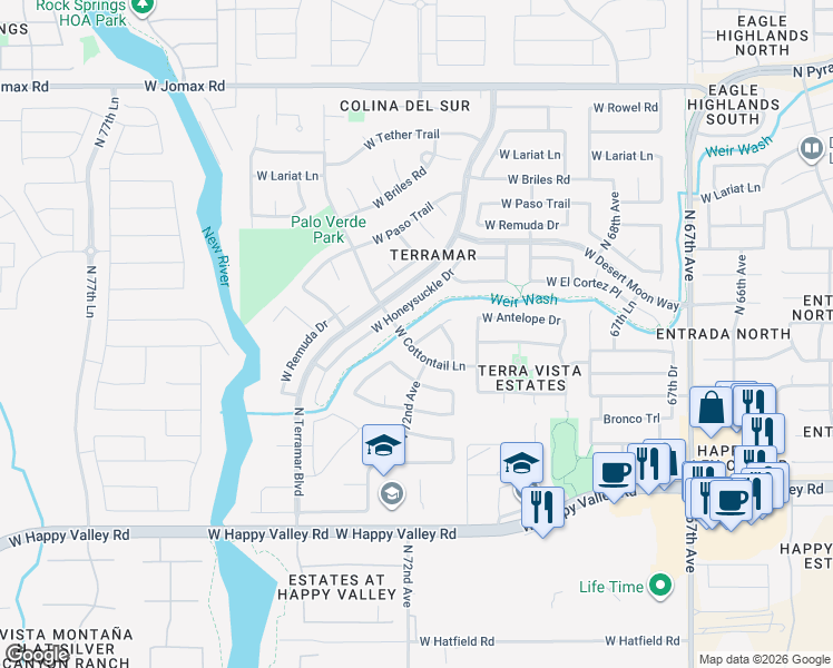 map of restaurants, bars, coffee shops, grocery stores, and more near 7232 West El Cortez Place in Peoria