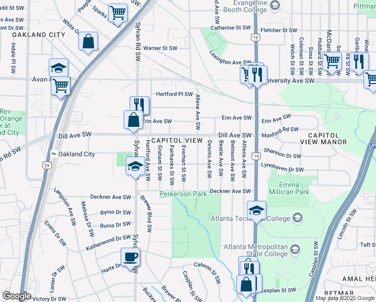 map of restaurants, bars, coffee shops, grocery stores, and more near 1386 Everhart Street Southwest in Atlanta