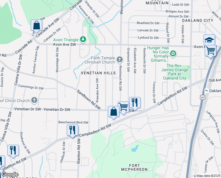 map of restaurants, bars, coffee shops, grocery stores, and more near 1404 Willow Trail Southwest in Atlanta