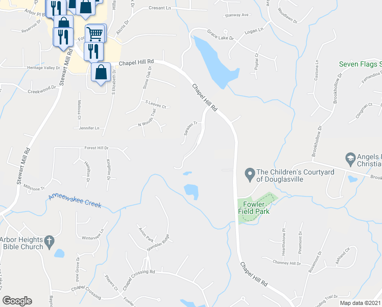 map of restaurants, bars, coffee shops, grocery stores, and more near 3267 Golf Ridge Boulevard in Douglasville