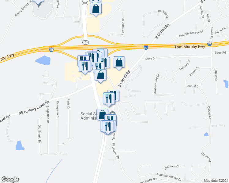 map of restaurants, bars, coffee shops, grocery stores, and more near 125 Commons Way in Villa Rica