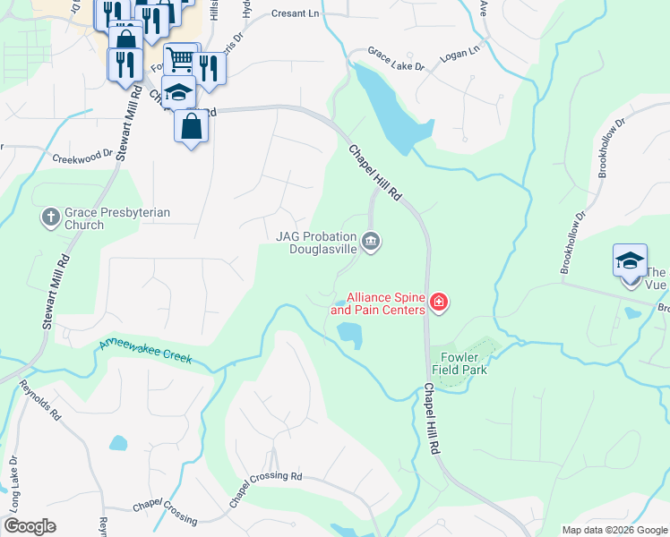 map of restaurants, bars, coffee shops, grocery stores, and more near 5938 Hogan's Way in Douglasville