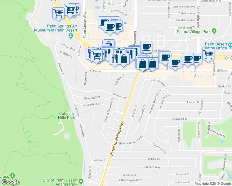 map of restaurants, bars, coffee shops, grocery stores, and more near 72868 Pitahaya Street in Palm Desert