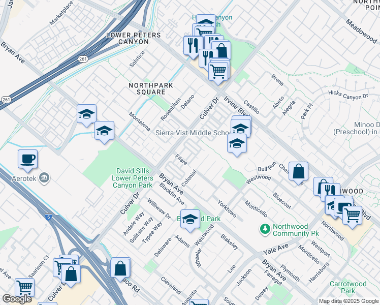 map of restaurants, bars, coffee shops, grocery stores, and more near 17 Filare in Irvine