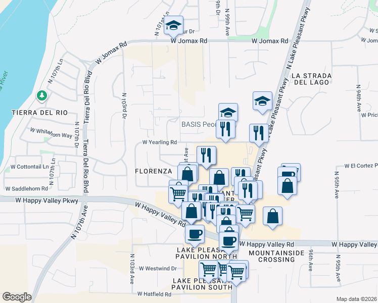 map of restaurants, bars, coffee shops, grocery stores, and more near 10086 West El Cortez Place in Peoria