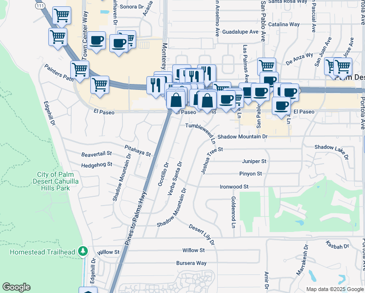 map of restaurants, bars, coffee shops, grocery stores, and more near 45631 Verba Santa Drive in Palm Desert