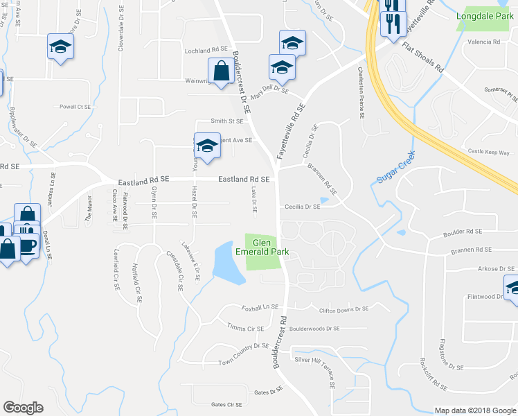 map of restaurants, bars, coffee shops, grocery stores, and more near 2466 Lake Drive Southeast in Atlanta