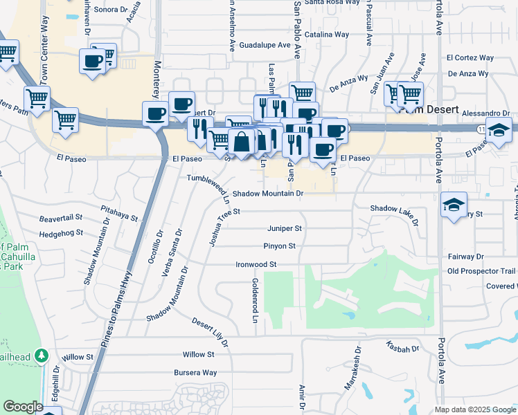 map of restaurants, bars, coffee shops, grocery stores, and more near 73348 Joshua Tree Street in Palm Desert