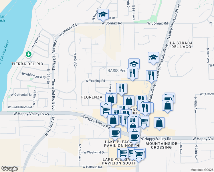map of restaurants, bars, coffee shops, grocery stores, and more near 10086 West El Cortez Place in Peoria