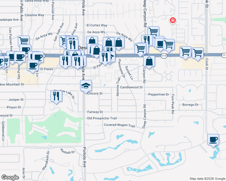 map of restaurants, bars, coffee shops, grocery stores, and more near 45604 Quailbrush Street in Palm Desert