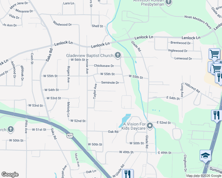 map of restaurants, bars, coffee shops, grocery stores, and more near 317a West 54th Street in Anniston