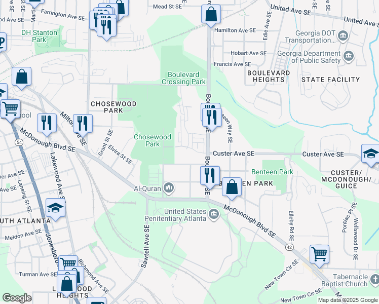 map of restaurants, bars, coffee shops, grocery stores, and more near 1359 Park Avenue Southeast in Atlanta