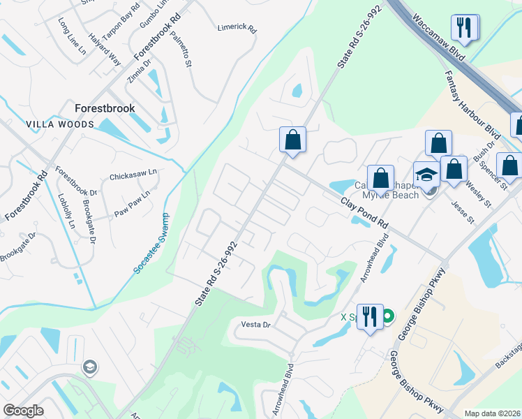 map of restaurants, bars, coffee shops, grocery stores, and more near 803 Burcale Road in Myrtle Beach