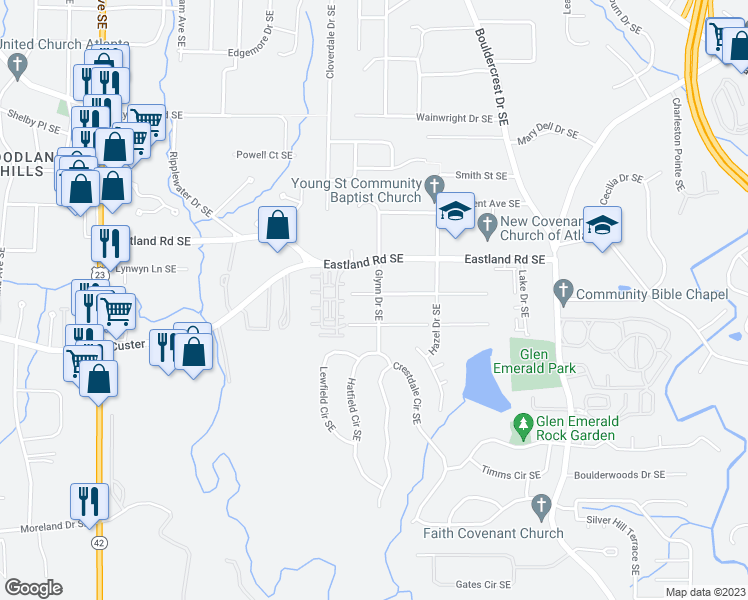 map of restaurants, bars, coffee shops, grocery stores, and more near 2469 Glynn Drive Southeast in Atlanta