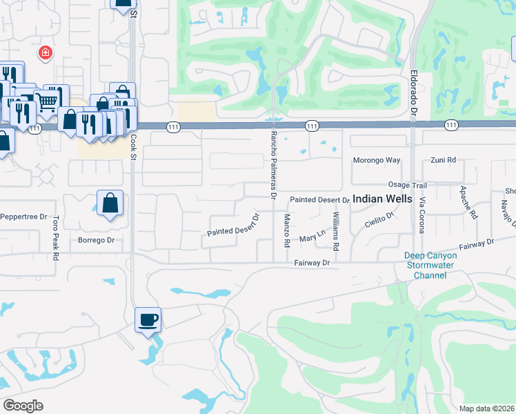map of restaurants, bars, coffee shops, grocery stores, and more near 75460 Painted Desert Drive in Indian Wells