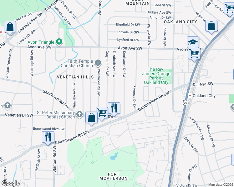 map of restaurants, bars, coffee shops, grocery stores, and more near 1362 Elizabeth Avenue Southwest in Atlanta