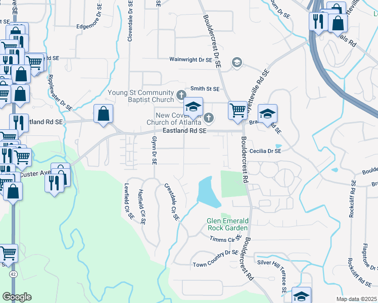 map of restaurants, bars, coffee shops, grocery stores, and more near 1363 Diamond Avenue Southeast in Atlanta
