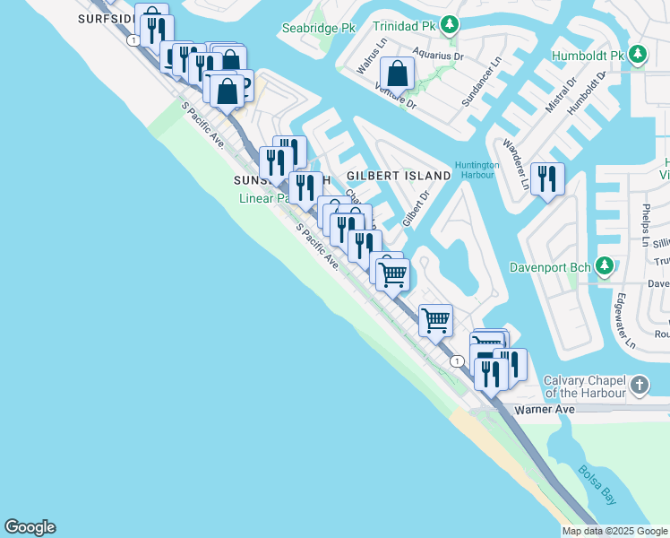 map of restaurants, bars, coffee shops, grocery stores, and more near 16821 South Pacific Avenue in Huntington Beach