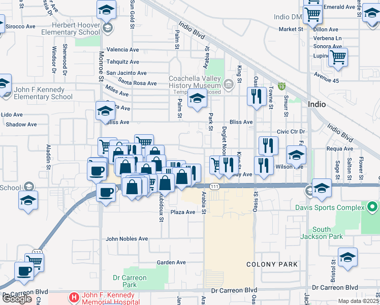 map of restaurants, bars, coffee shops, grocery stores, and more near 2 Arabia Street in Indio