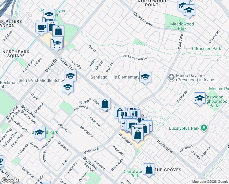 map of restaurants, bars, coffee shops, grocery stores, and more near 4 Carlina in Irvine