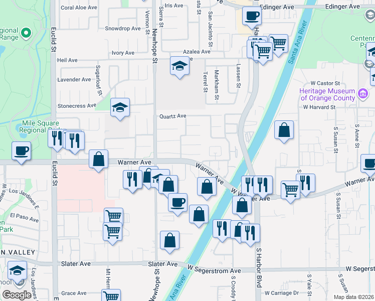 map of restaurants, bars, coffee shops, grocery stores, and more near 11671 Gladstone Circle in Fountain Valley