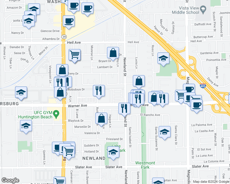 map of restaurants, bars, coffee shops, grocery stores, and more near 16891 Minoru Lane in Huntington Beach
