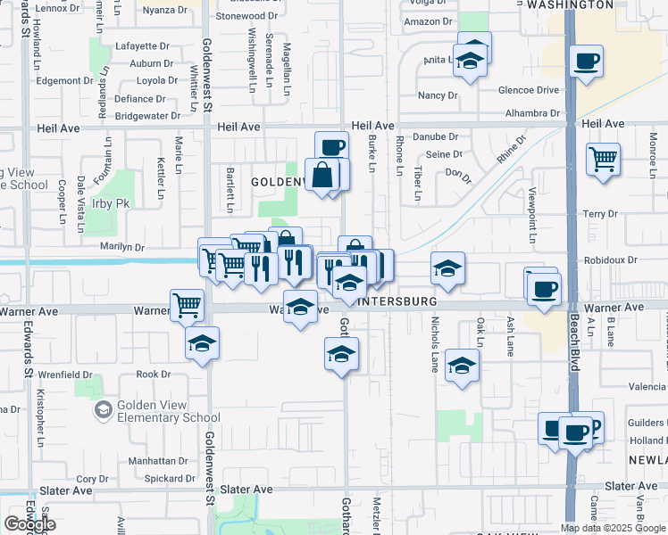 map of restaurants, bars, coffee shops, grocery stores, and more near 7331 Toulouse Drive in Huntington Beach