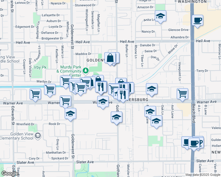 map of restaurants, bars, coffee shops, grocery stores, and more near 7331 Toulouse Drive in Huntington Beach