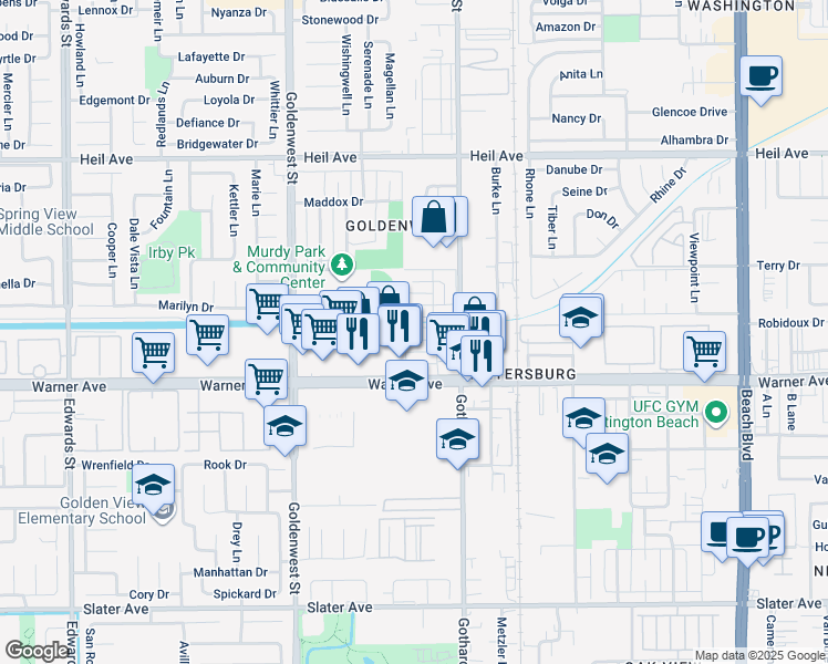 map of restaurants, bars, coffee shops, grocery stores, and more near 7241 Toulouse Drive in Huntington Beach