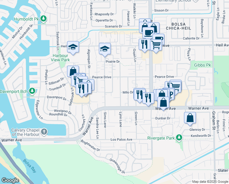 map of restaurants, bars, coffee shops, grocery stores, and more near 4682 Milo Drive in Huntington Beach