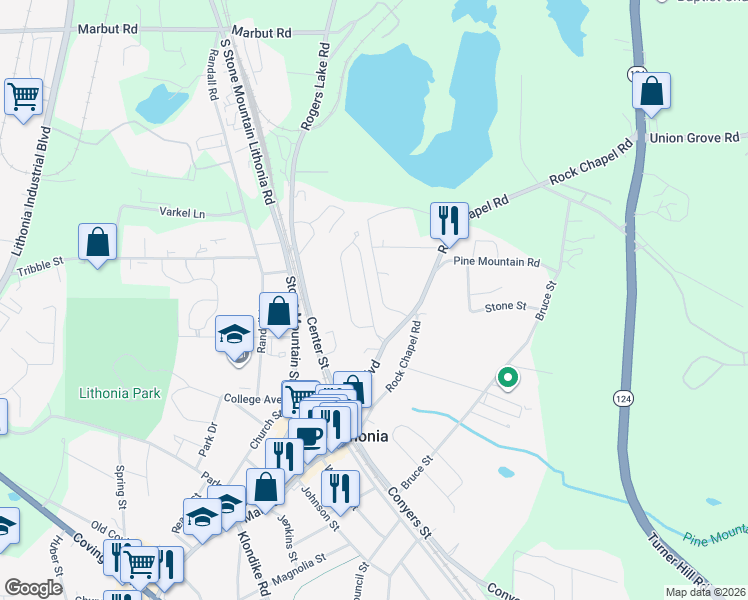 map of restaurants, bars, coffee shops, grocery stores, and more near 2520 Oakleaf Ridge in Lithonia