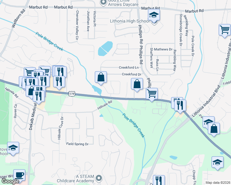 map of restaurants, bars, coffee shops, grocery stores, and more near 2384 Wellington Circle in Lithonia