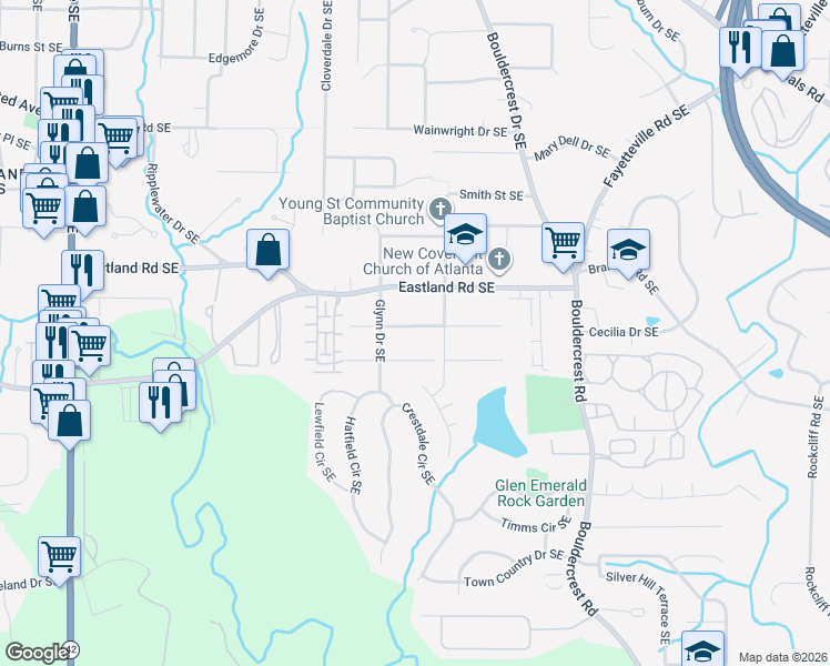 map of restaurants, bars, coffee shops, grocery stores, and more near 1331 Diamond Avenue Southeast in Atlanta