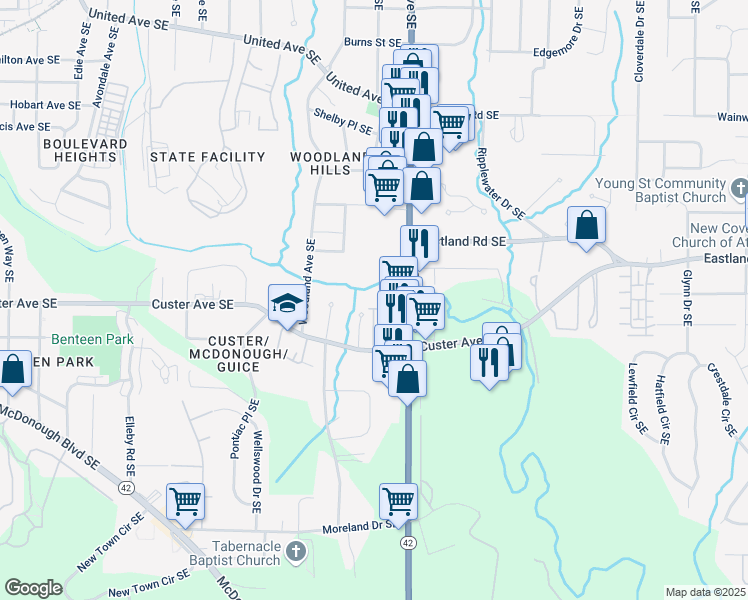 map of restaurants, bars, coffee shops, grocery stores, and more near 1315 Heights Park Drive in Atlanta