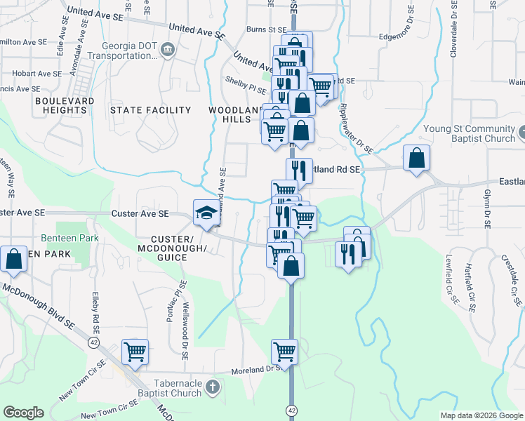 map of restaurants, bars, coffee shops, grocery stores, and more near 1315 Heights Park Drive in Atlanta