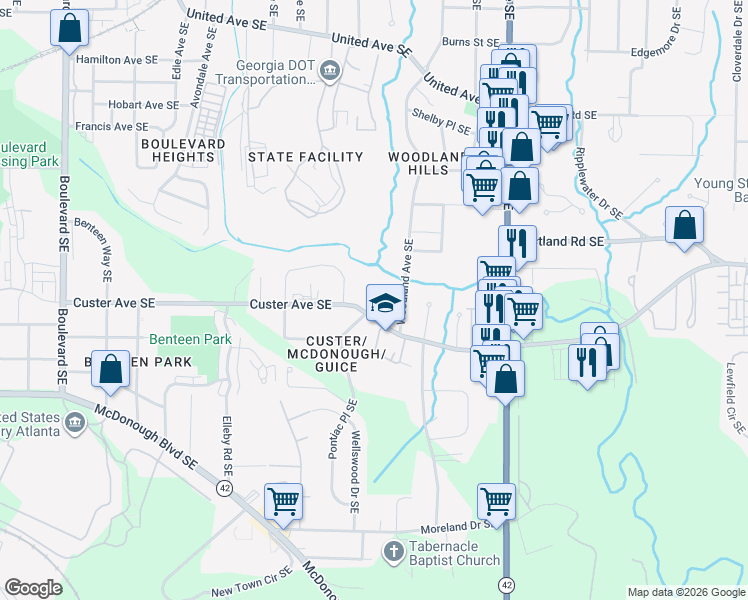 map of restaurants, bars, coffee shops, grocery stores, and more near 1393 Knob Hill Court Southeast in Atlanta