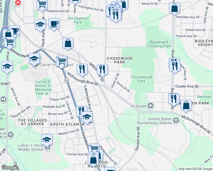 map of restaurants, bars, coffee shops, grocery stores, and more near 320 McDonough Boulevard Southeast in Atlanta