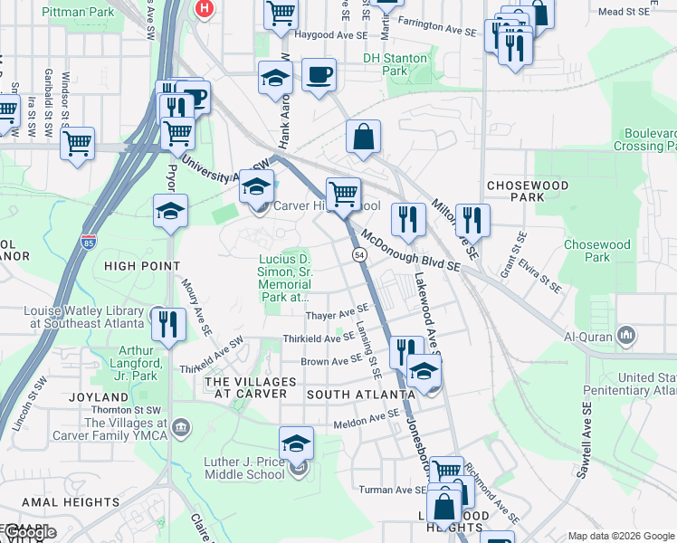 map of restaurants, bars, coffee shops, grocery stores, and more near 1377 Lansing Street Southeast in Atlanta