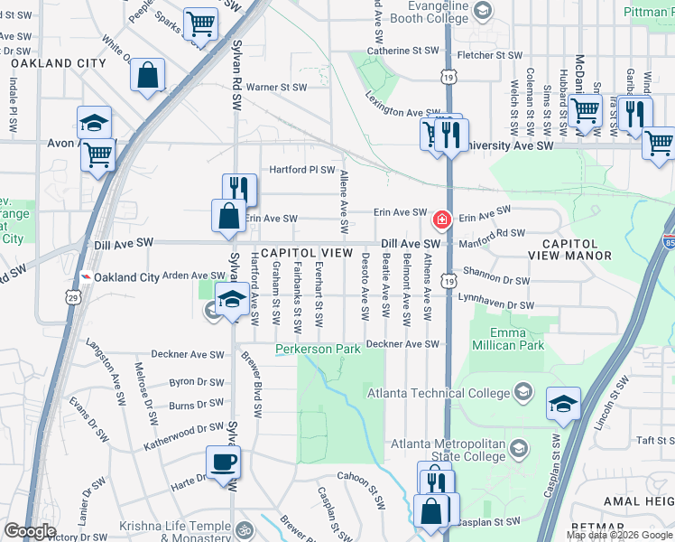 map of restaurants, bars, coffee shops, grocery stores, and more near 1392 Allene Avenue Southwest in Atlanta