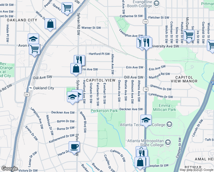 map of restaurants, bars, coffee shops, grocery stores, and more near 1386 Everhart Street Southwest in Atlanta